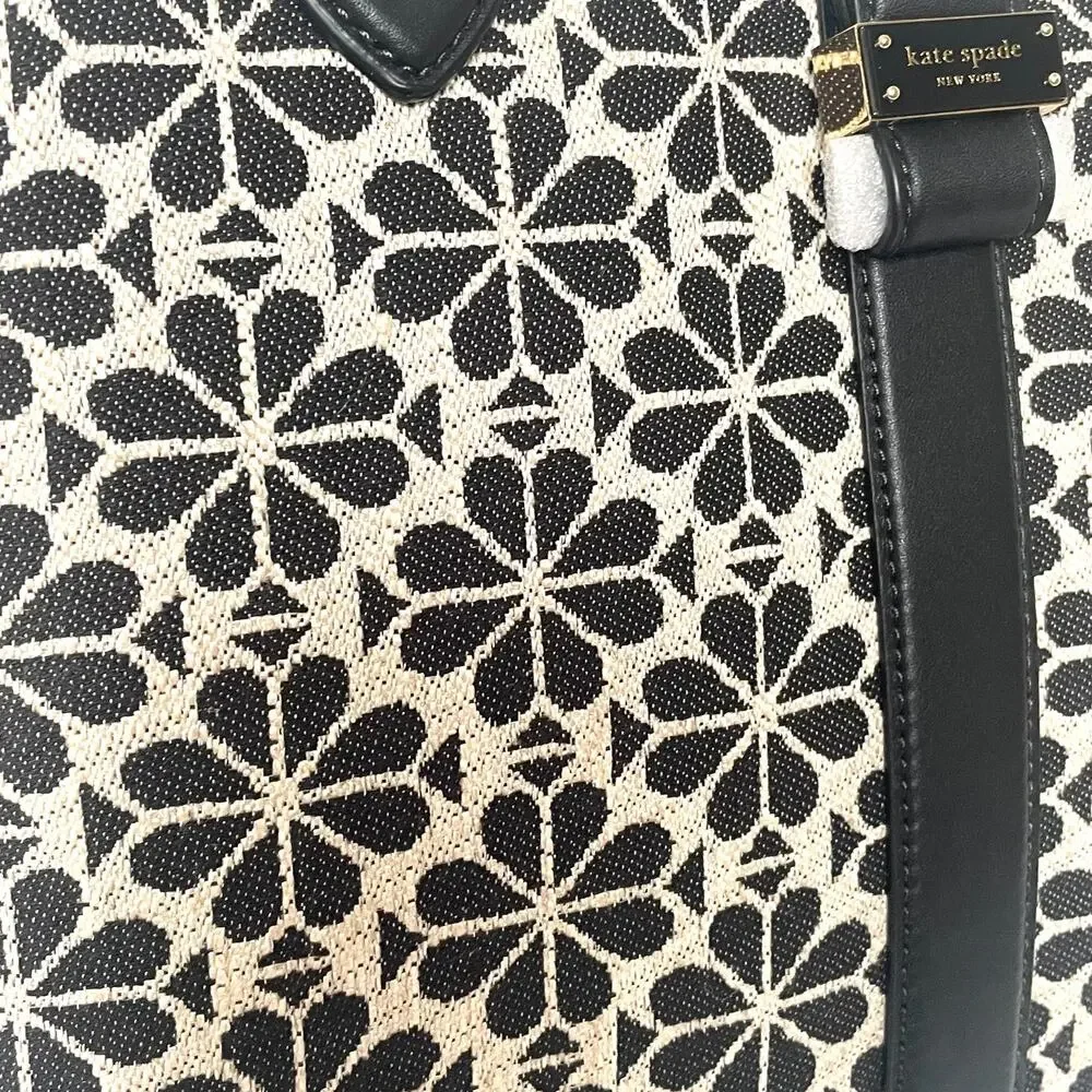 Kate Spade Black Flower Jacquard Tote Medium Leather Trim Shoulder Bag